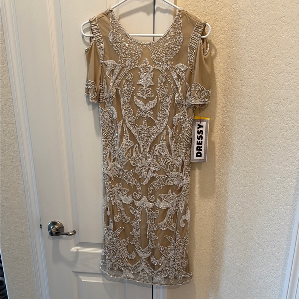 Mignon Tan Mini Dress with Silver Embellishments